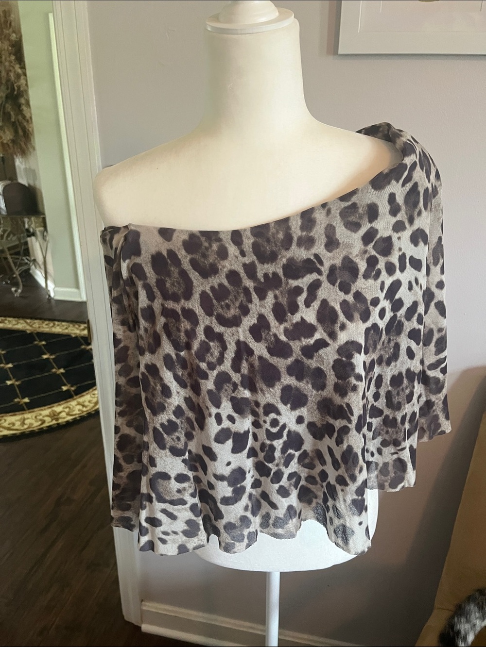 Cache Taupe and Black Leopard Print Off-Shoulder Tunic Top
